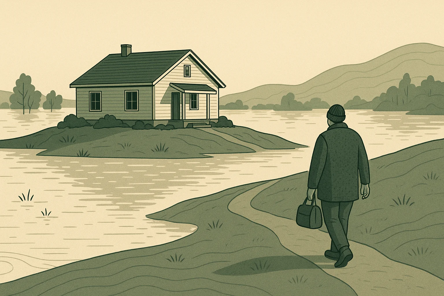 A home on slightly raised ground beside floodwater, with a household preparing to leave safely.