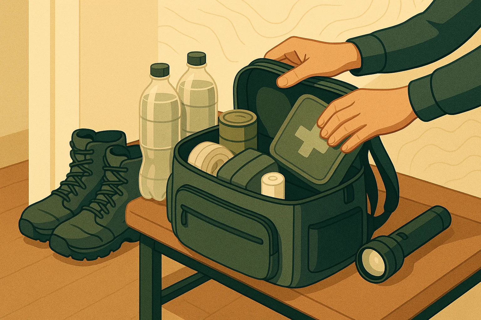 Hands pack an emergency bag beside shoes and a torch.