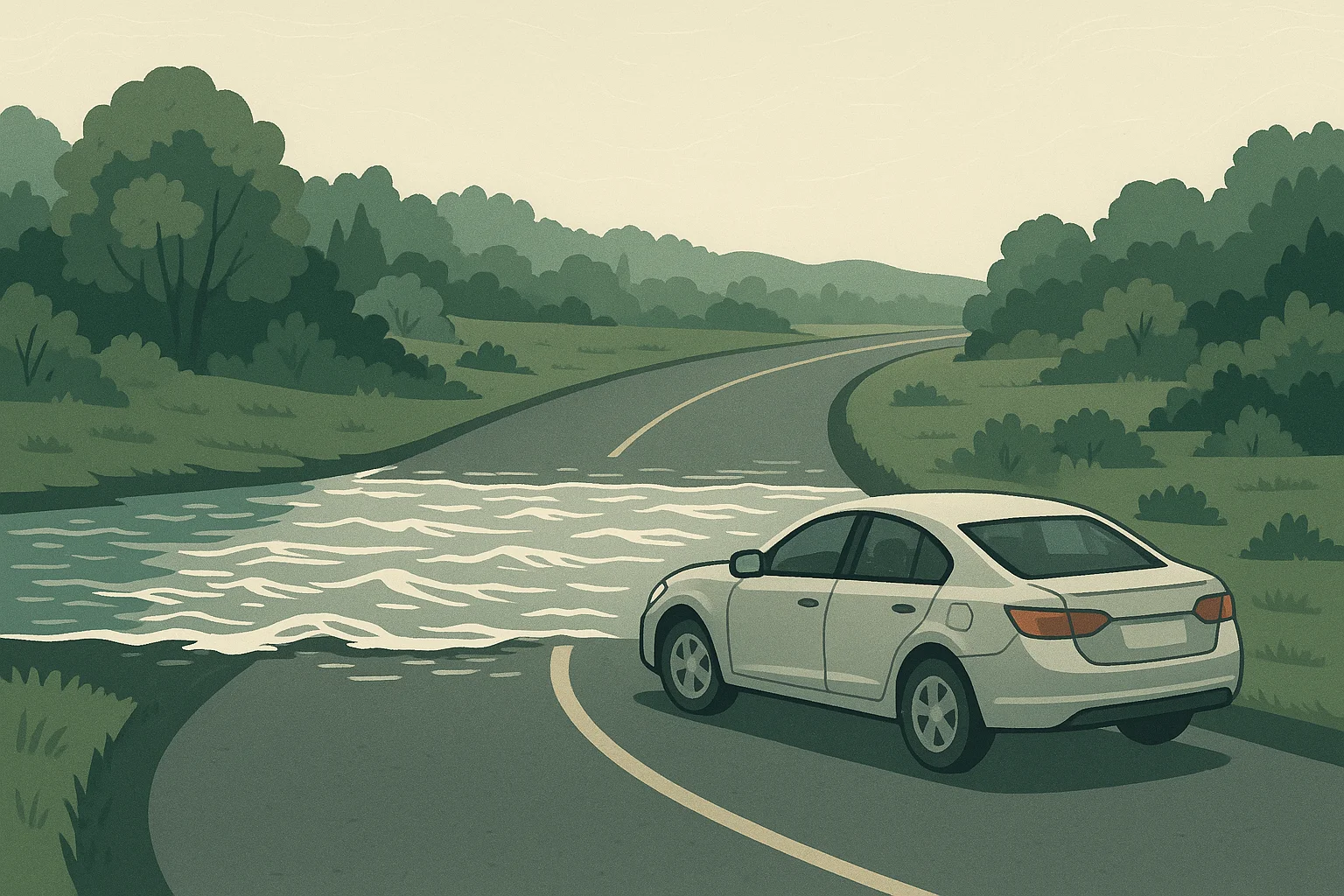 A car turns away from floodwater crossing a road.
