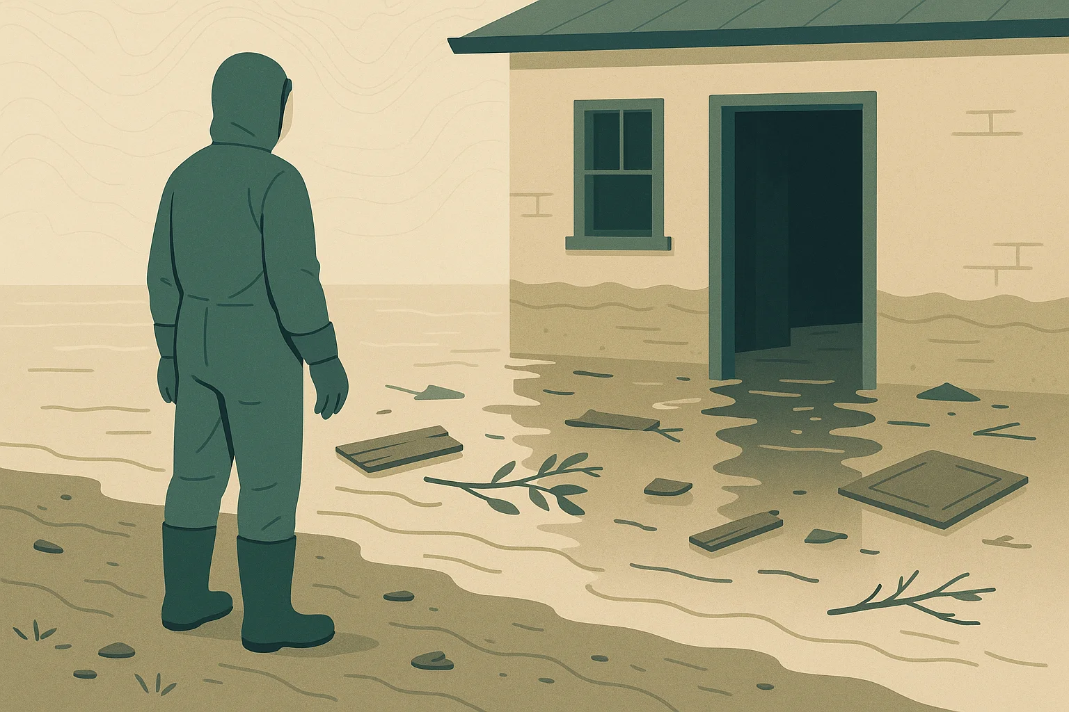 A person in protective clothing assesses a flood-affected home from outside.