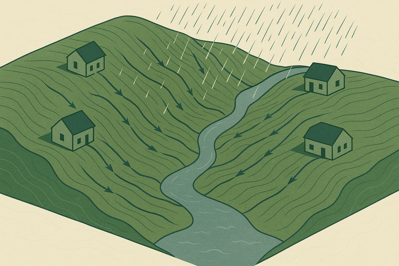 An elevated view shows homes, low ground and water flow paths across a landscape.