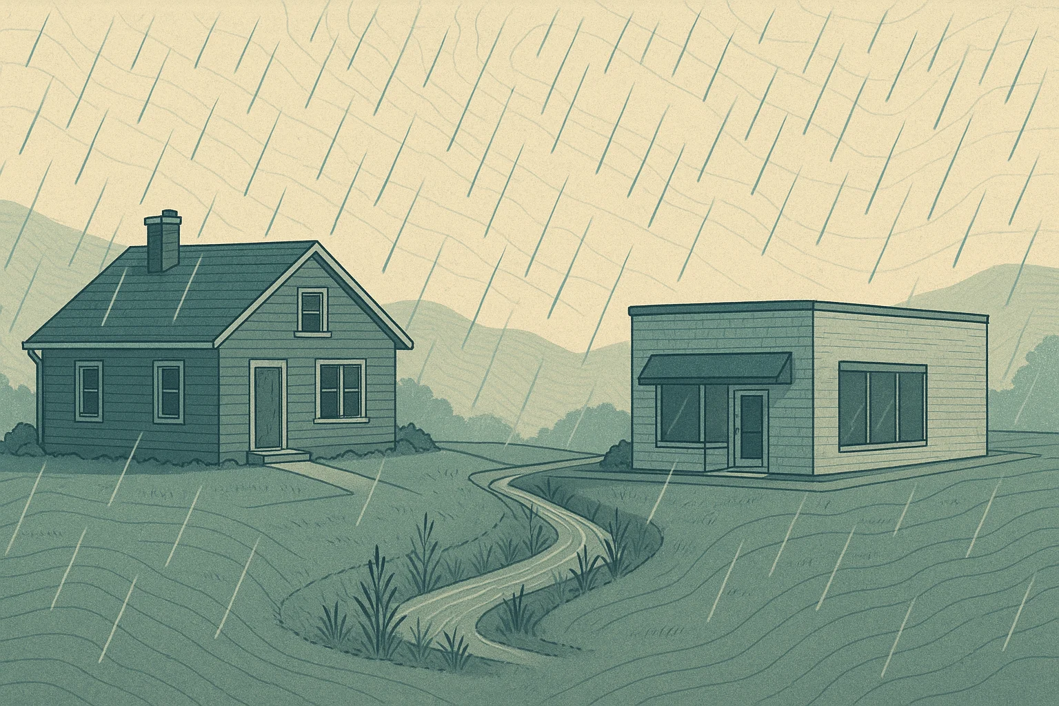 A home and a small commercial building on raised ground beside a landscaped drainage channel during heavy rain.