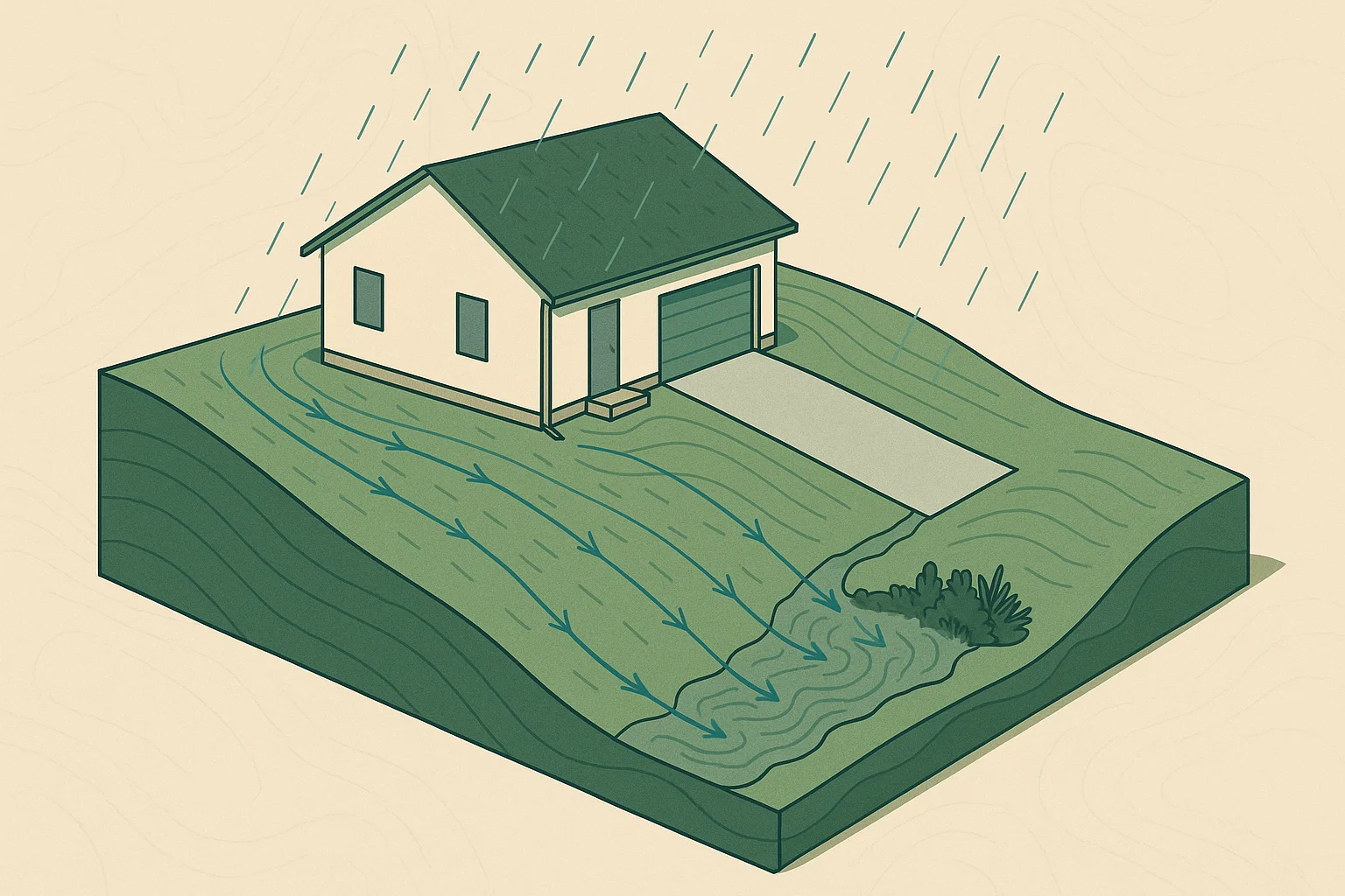 A cutaway illustration shows rainwater moving across sloping terrain around a building.