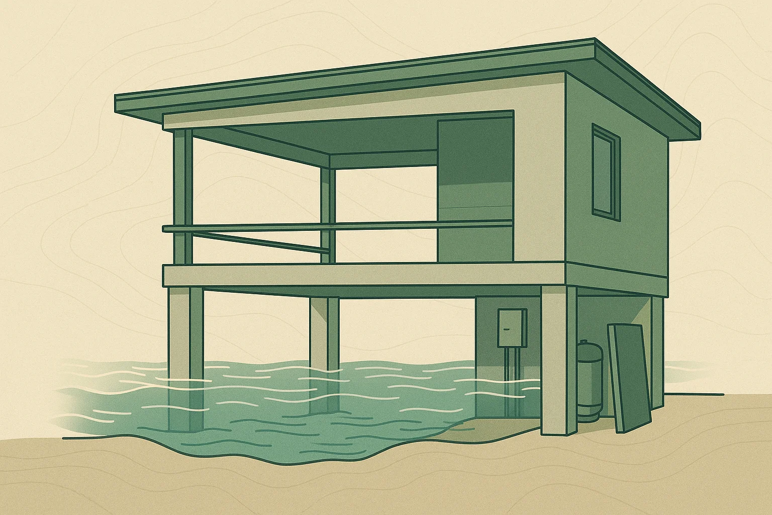 A cutaway building shows elevated floors, flood openings and protected equipment near shallow water.