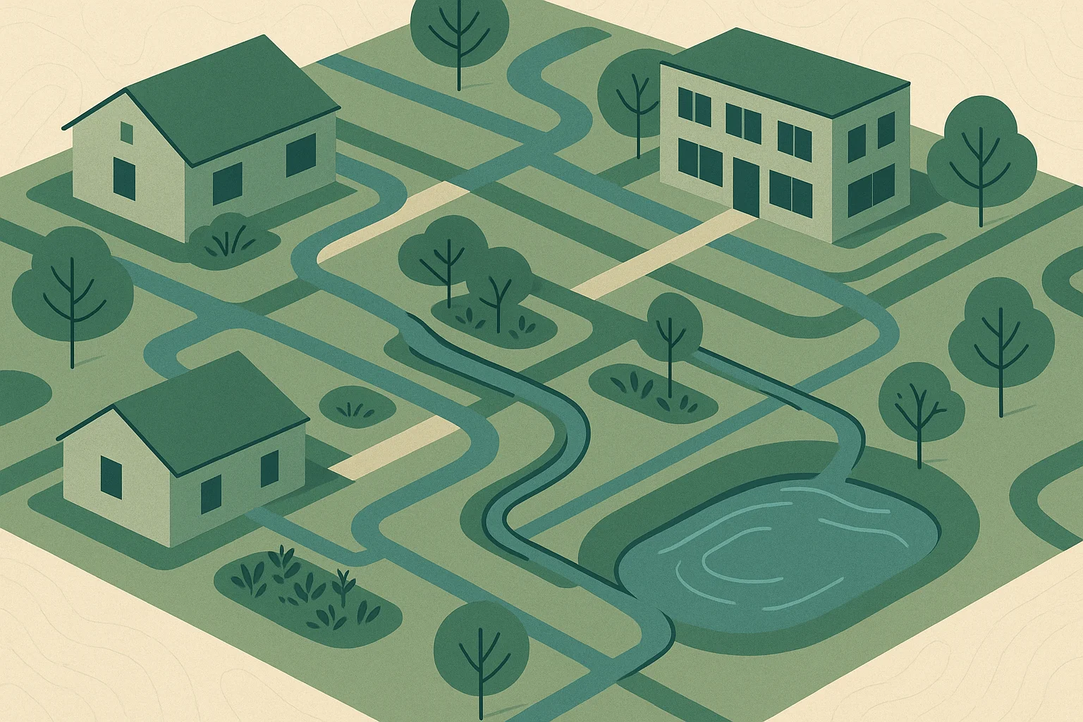 A neighbourhood uses planted drainage areas and a retention basin to manage rainwater.