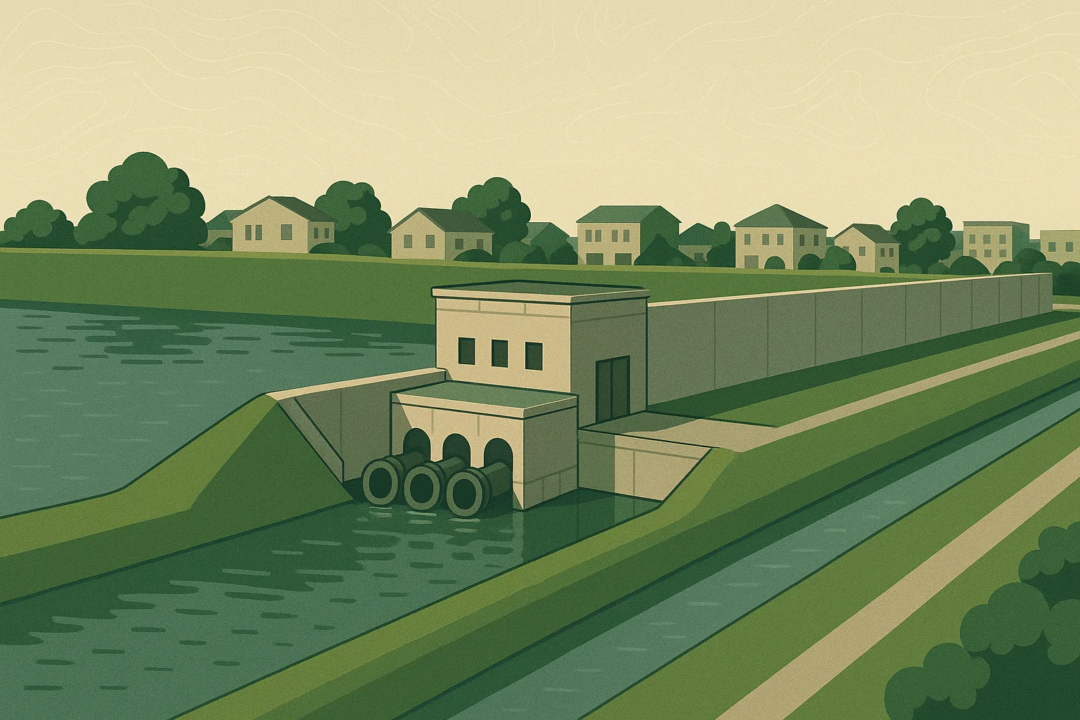 A levee and pump structure stand between open water and a developed area.