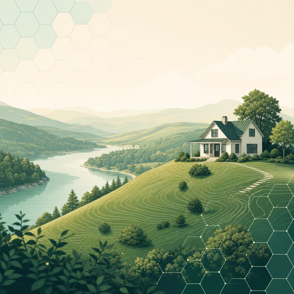 Illustration of a house on a hillside above a river bend, with contour lines in the land