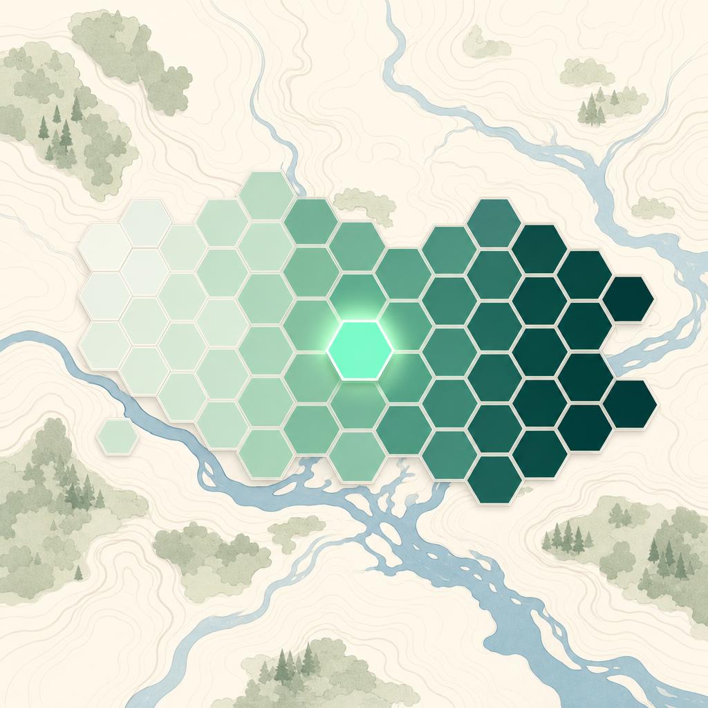 A glowing hexagon highlighted among a gradient of green hexagons on a stylized map