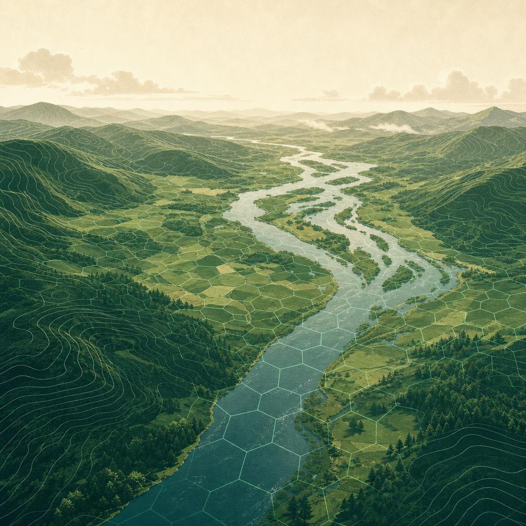 Stylized aerial view of a river valley with contour lines and a hexagonal grid overlay